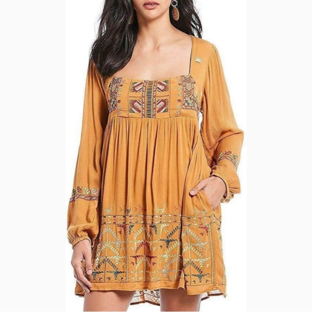 Free People Embroidered Square Neck Long Sleeve Mini Dress XS Boho Indie Western